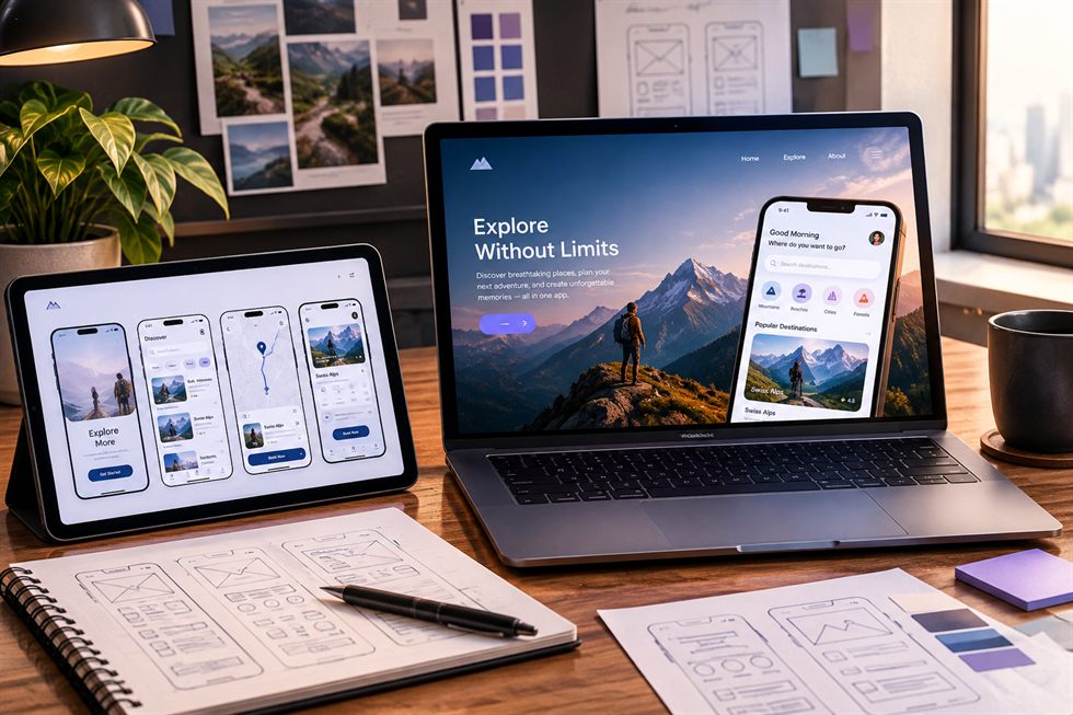 Mobile app screens laid out beside a laptop showing the same travel app