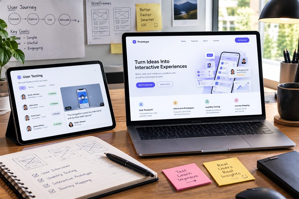 User journey map on a whiteboard beside tablets showing prototype screens