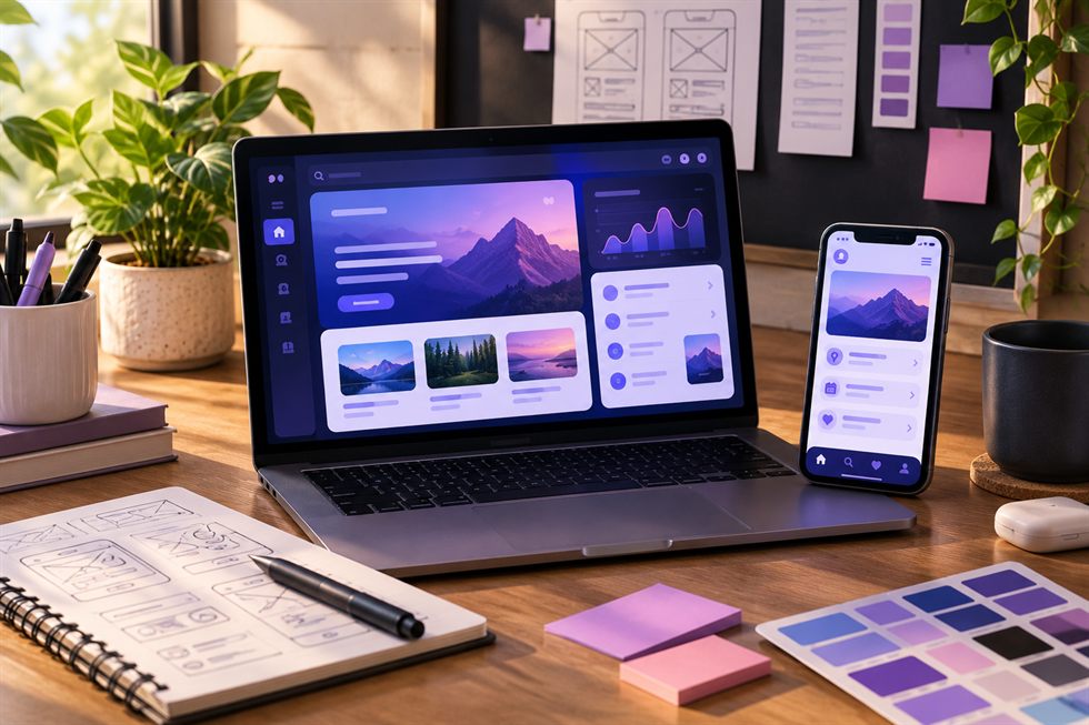 Laptop, tablet and phone showing a dashboard interface on a designer's desk