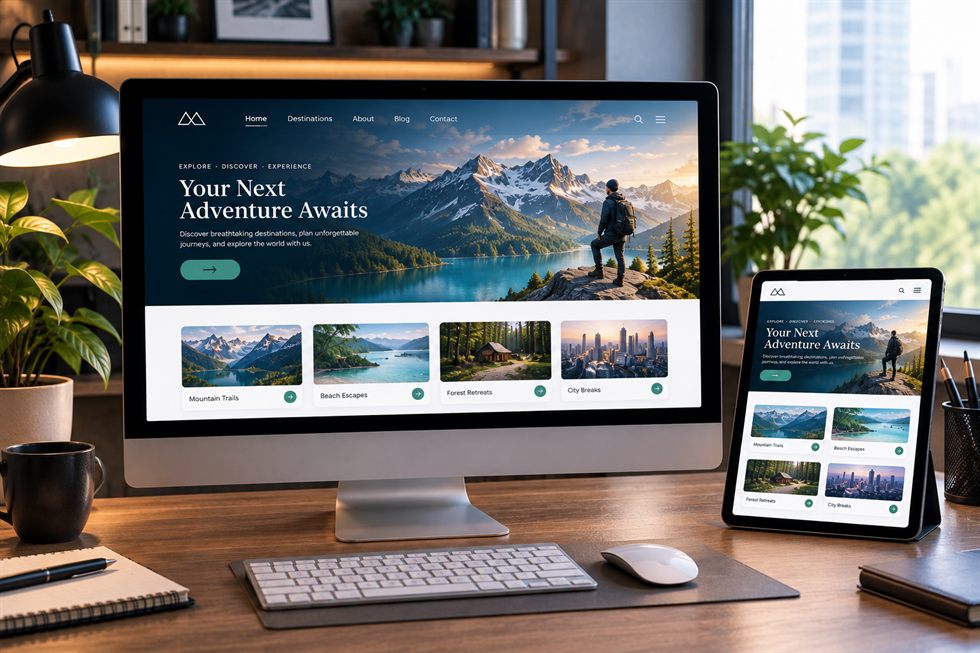 Desktop monitor and tablet showing a responsive travel website